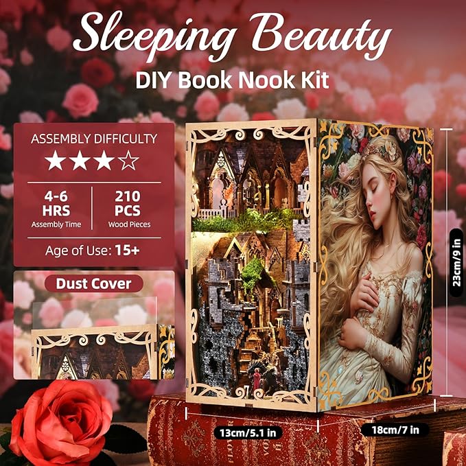 Book Nook Kit for Adults, DIY 3D Wooden Puzzle Booknook Bookshelf Insert Decor with LED Light and Dust Cover (Sleeping Beauty)