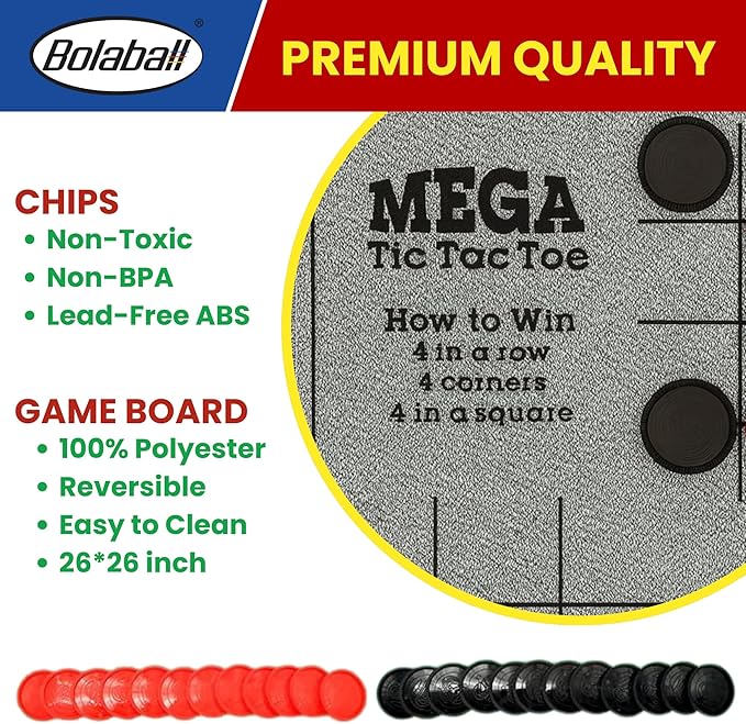 Bolaball 3-in-1 Giant Checkers, Tic Tac Toe Jumbo Game, 26"x26", Reversible Carpet, Indoor Outdoor Yard Board Game for Family and Friends with 24 Chips