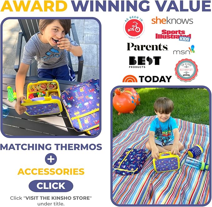 Bento Box with Thermo, Insulated Lunch Bag, & Ice Pack Set for Kids or Toddlers. Stainless Steel Food Jar, 5 Compartment Lunch-Box for Pre-School or Daycare, Blue Yellow Trucks