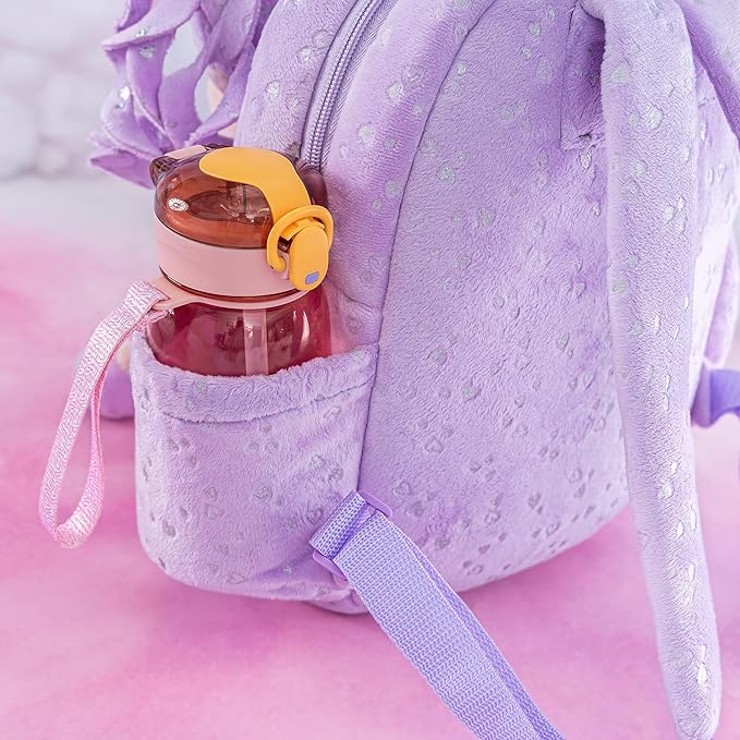Gloveleya 11 Inches Toddler Backpack Baby Girl Gift Plush Bag Featuring Curly-Haired Doll Design with Silver Heart Accents in Soft Purple