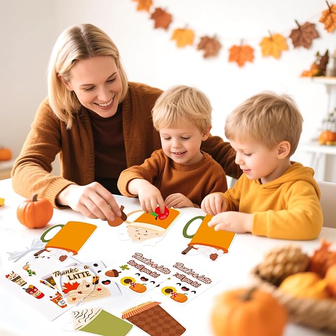 ANGOLIO Fall Coffee Stickers Craft Hanging Kit for Kids- 123pcs DIY Coffee Cup Thanks a Latte Sign Stickers, Autumn Ornaments for Boys Girls, Classroom Thanksgiving Decorations Exchange Party Supplies