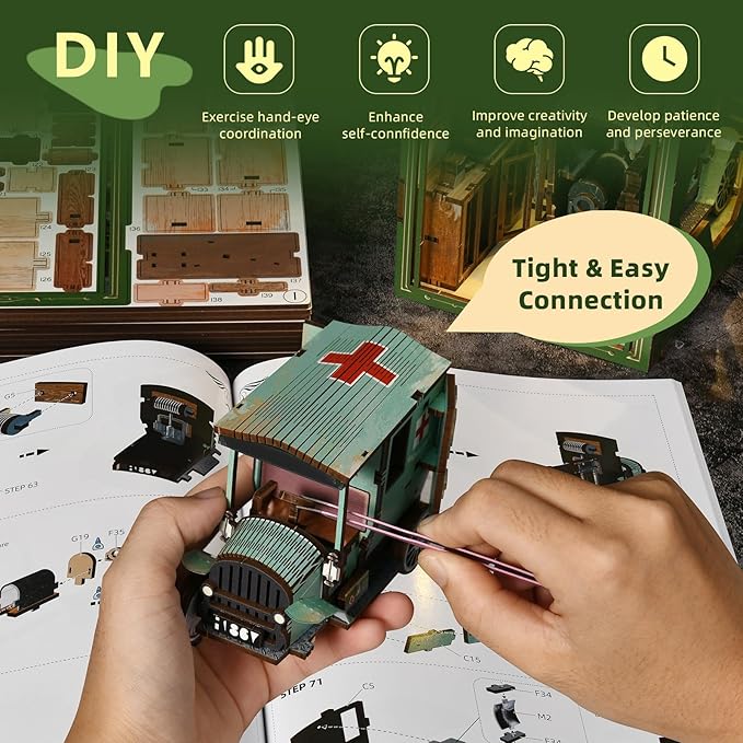 Book Nook Kit, DIY Doll House Booknook, Miniature Kit for Bookshelf Doll Houses for Adults Teen Halloween, 3D Wooden Puzzle Bookends with Led Light and Dust Cover (The Radium Lady)