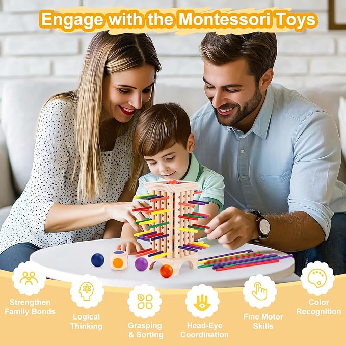 Montessori Wooden Board Games for Kids 42 Colorful Stacking Wooden Sticks Dice Game Fine Motor Skills Montessori Toys for 3 4 5 6 Year Old Girl Boy Educational Learning Gift Ages 4-8