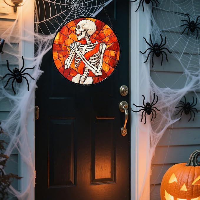 Stained Glass Window Hanging - Halloween Decorations Fear Skeleton Suncatcher for Doors Garden Indoor Spooky Funny Sun Catchers Gothic Decor Horror Gifts for Women Men Friend 6.3 in