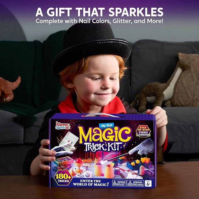 Klever Kits 180+ Magic Set- My First Magic Trick Kit- Amazing Magician Toy with Step-by-Step Video Lessons, for Kids Aged 6+ Easy Tricks of Wand and Illusion Cards