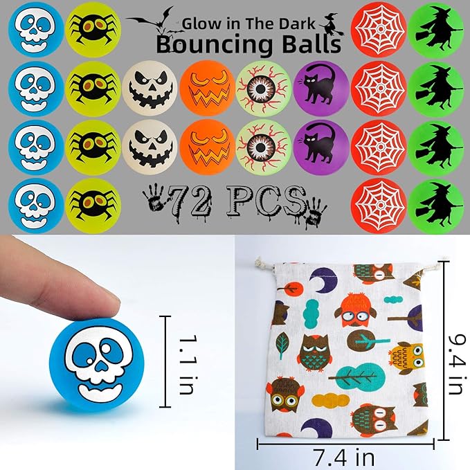 72 Glow in The Dark Bouncing Balls,8 Halloween Theme Designs for Halloween Party Favor Supplies, School Classroom Game Rewards, Trick or Treating Goodie, Halloween Miniatures/Prizes(with pouch bag)