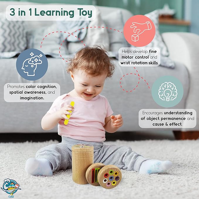 OAR Montessori Toys for Toddlers 1-3 โ 3 in 1 Wooden Fine Motor Skills Toy Set | Color Sorting, Coin Drop, Sensory Learning | Educational Beech Wood Toys for Boys and Girls