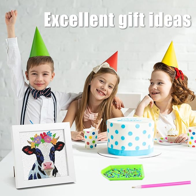 geesfayan Diamond Art Kits for Kids Ages 8-12,6 Inch DIY Gem Art Painting with 7 Inch Frame, Complete Starter Kit for Beginners, Creative Arts & Crafts Gift for Girls & Boys (Black White Cow)