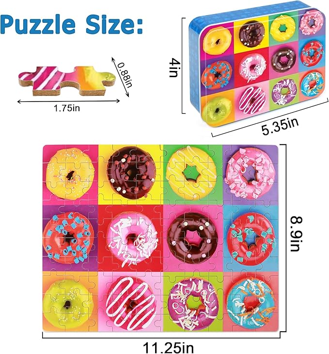 LELEMON Puzzles for Kids Ages 4-8,Donut Puzzle 100 Piece Puzzles for Kids Ages 4-6 in a Metal Box,Educational Jigsaw Puzzles 100 Piece Puzzle Games Toys for Girls and Boys