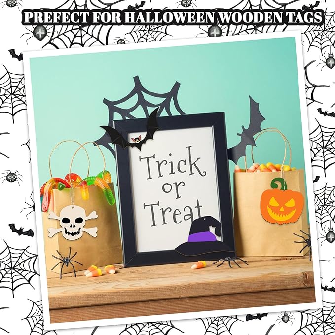 80PCS Halloween Unfinished Wooden Cutouts to Paint Halloween Decorations Hanging Ornaments Ghost Witch Pumpkin Spider Blank Shape Craft Tags