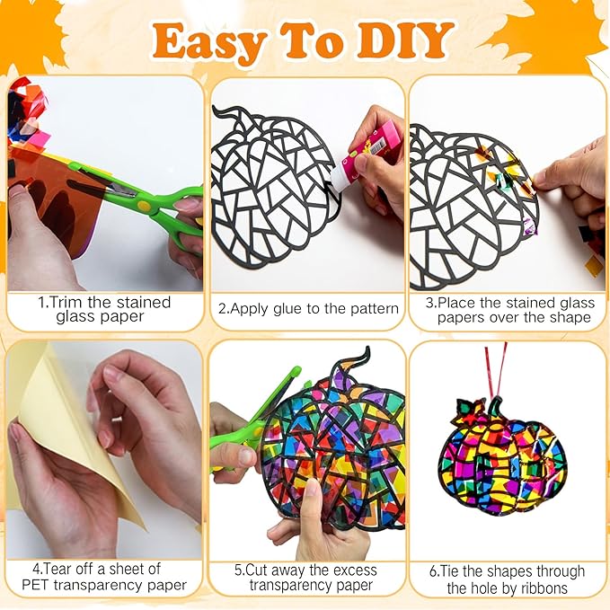 EggSun 36 Sets Fall Halloween Pumpkin Suncatchers Craft for Kids Ornaments Stained Glass Window Arts and Crafts Kit for Thanksgiving Classroom Holiday Projects Home Party Favors Decorations Age 4 8 12