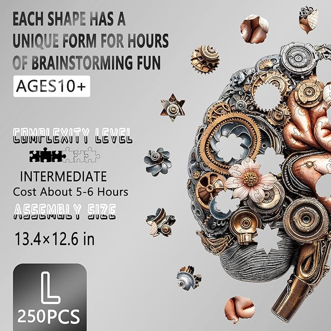 Wooden Puzzles for Adults, Mechanical Brainstem Wooden Jigsaw Puzzles, Flat Puzzle with 3D Visual Effect, Brain Wood Puzzles Adult, Unique Shape Wall Art Canvas Puzzle Gift (L-13.4 * 12.6in-250Pcs)
