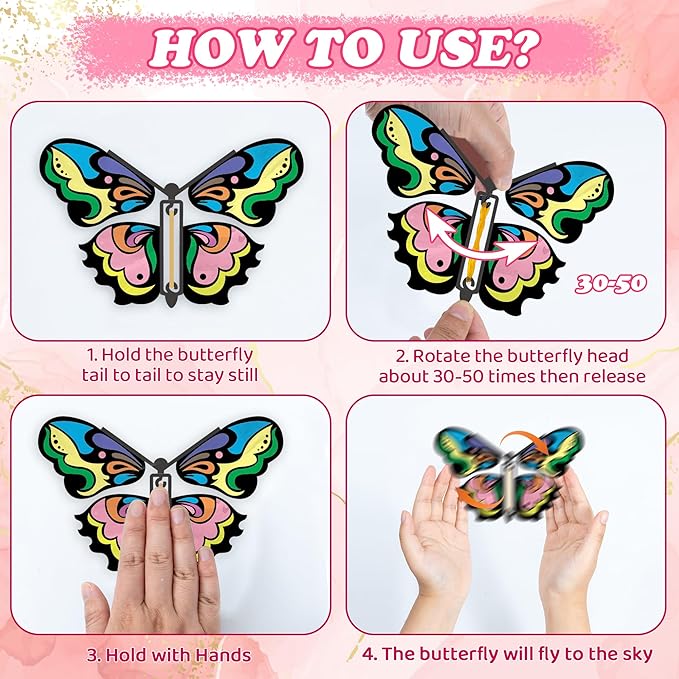 JOY SPOT! 28 Pack DIY Butterfly Craft Kit for Kids, 16 Paper Butterflies and 13 Color Pens, Make Your Own Rubber Band Wind Up Butterfly Toy, Perfect for Party Games, School Activities, Surprise Cards
