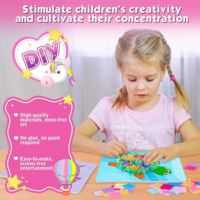 Poke Art Kit for Girls - No Mess Art Craft Activity, DIY Poke Hands Art for Kids, Creative Sensory Toy Set, Birthday Xmas Gifts for Ages 3 4 5 6-8 Year Old Girls Toys