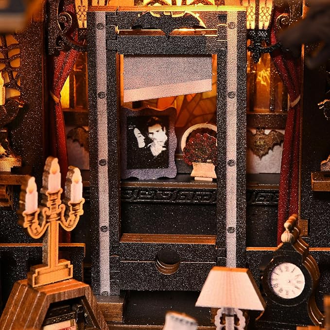 Book Nook Kit - Haunted Manor DIY 3D Wooden Puzzle for Adults, Horror Bookshelf Insert with LED Lights, Halloween Home Decor Gift,The Gothic Dark Family