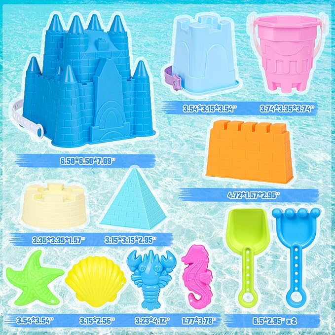 Beach Toys Sand Toys for Kids, Sand Castle Toys with Castle Bucket, Sand Molds, Shovel and Rake, Sandbox Toy for Toddlers 1-3 4 5 6 7 8 9 10 12, Beach Summer Accessories for Kids