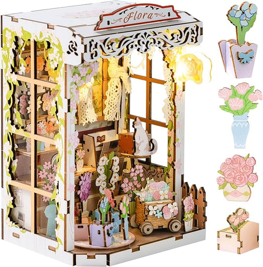 MOMIBOOK Book Nook Kit 153 Pcs DIY Miniature Dollhouse Kit for Adults, 3D Wooden Puzzle Mini Booknook Bookend Bookshelf Decor, Tiny House Model, Party Christmas Birthday Gifts, Flower Shop Cabin