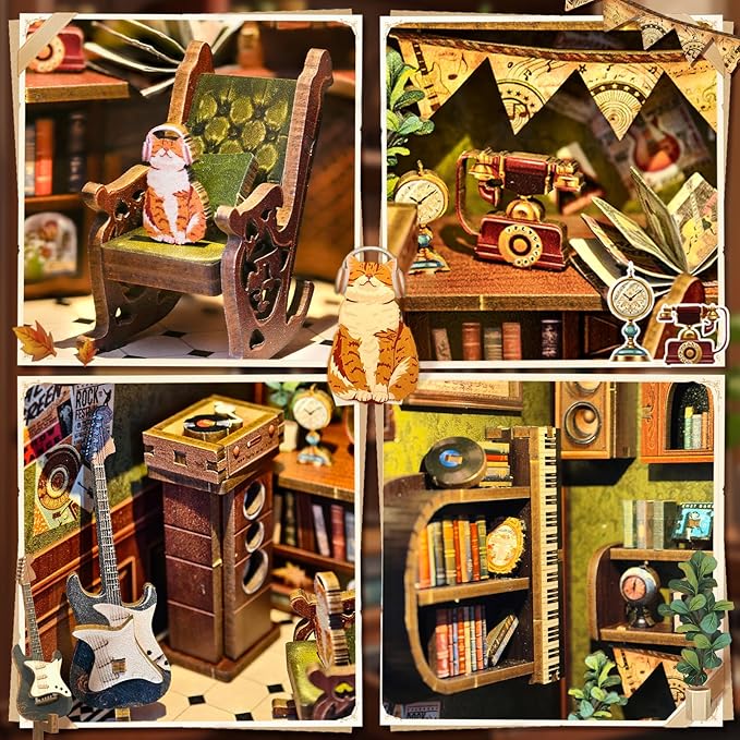 Fsolis Book Nook Kit, DIY Miniature House Kit, 3D Wooden Puzzles for Adults, 136 Pieces, Bookshelf Decor Mini Scale Model Boonook Craft, Gifts for Women Teenagers (Memories Music Bookshop)