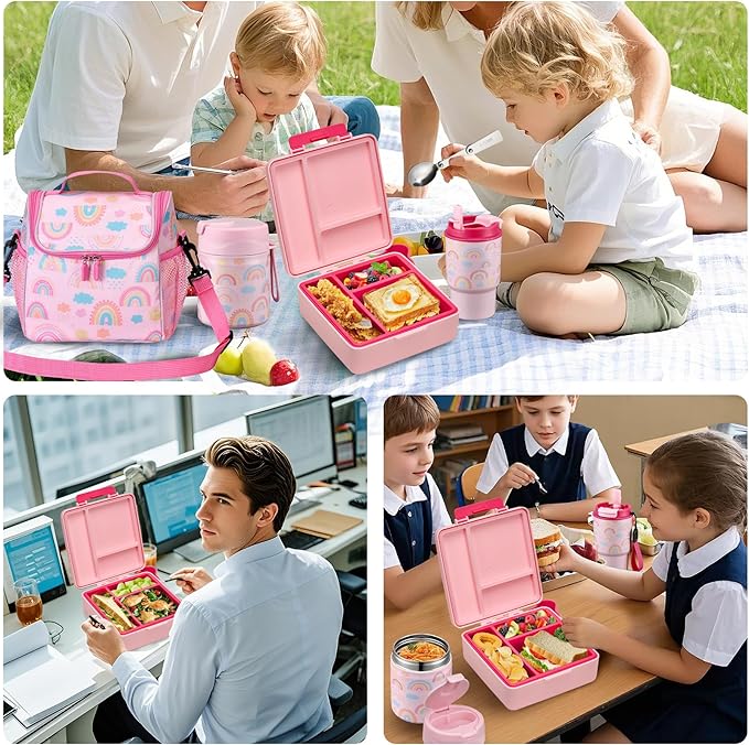 Bento Lunch Box for Kids with 17oz Soup Thermo,Insulated Tumbler Water Bottle and Insulated Lunch Bag,Leak-Proof 3 Compartment Lunch Food Container with with Ice Pack for Kids to School-Rainbow