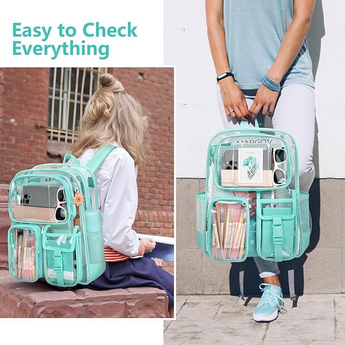 Green Clear Backpack, Heavy Duty PVC Clear Bag for Stadium Events, Transparent Backpack with Reinforced Straps & Stitches for Girls Boys, Large Capacity Bookbag for School, Travel, College, Work