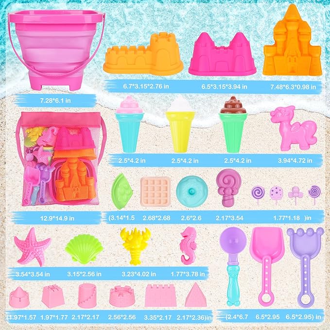 Beach Toys, 30Pcs Ice Cream Sand Toys, Sandbox Toys with Collapsible Sand Bucket and Sand Castle Kit, Cake, Lollipop, Sea Animal, Unicorn Molds, Shovels Set, Mesh Bag, Travel Toys for Girls 3+