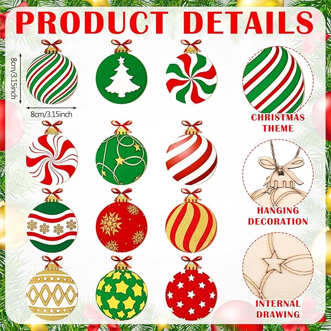 60 Pcs Wood Christmas Crafts for Kids DIY Paint Xmas Ornaments Blank Unfinished Wooden Cutouts Shapes Slices Hanging Embellishment for Christmas Tree Holiday Party Decor(Ball)
