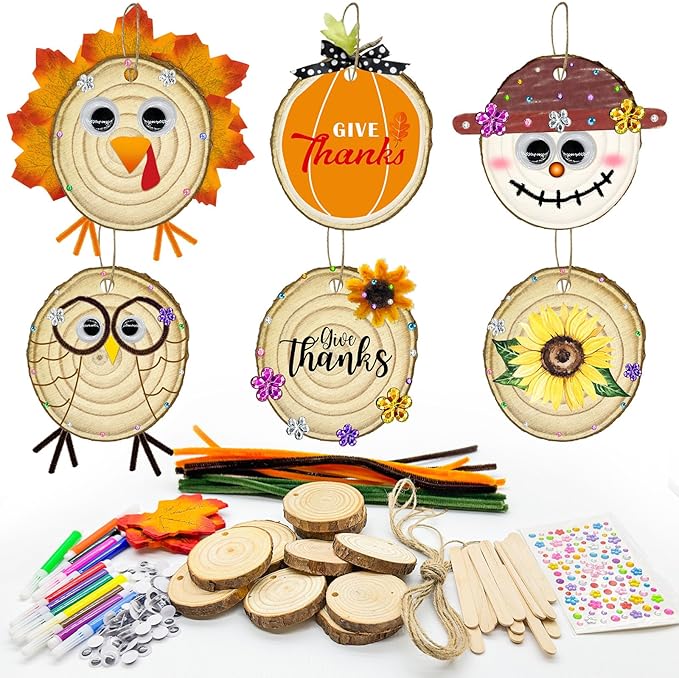24 Set Fall Wooden Painting Crafts Kit,Unfinished Wood Slices with Holes Round Log DIY Crafts Hanging Ornaments Thanksgiving Fall Pumpkin Painting Kits Bulk for Classroom Activity DIY Art Projects