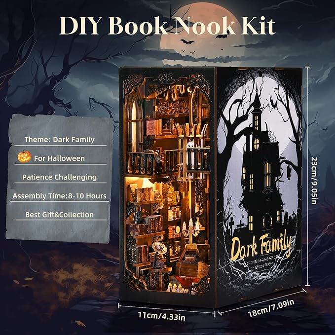 Book Nook Kit - Haunted Manor DIY 3D Wooden Puzzle for Adults, Horror Bookshelf Insert with LED Lights, Halloween Home Decor Gift,The Gothic Dark Family