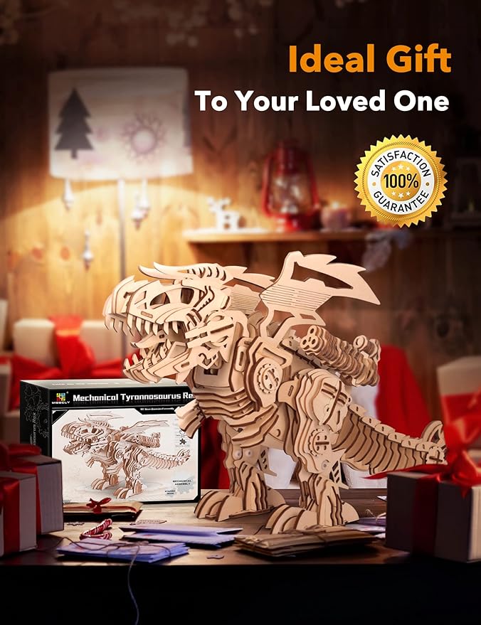 MIEBELY 3D Wooden Puzzles for Adults - T-Rex Dinosaur Model Kits can Walk and Roar, Mechanical Dinosaur STEM Toys for Boys Kids Ages 8-10-12-14, 3-D Puzzles Building Kit Gifts for Teen Men Women
