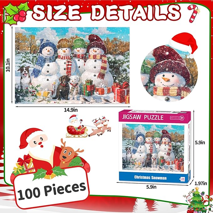 100 Piece Puzzles for Kids Ages 4-6 6-8 8-10, Christmas Snowman Jigsaw Puzzles Kids Puzzles 4-6 3-5, Children Educational Puzzles for Kids Ages 4-8, Gifts Christmas Stocking Stuffers for Kids Adults