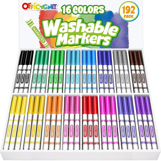 Officygnet 192 Count Washable Markers Bulk, 16 Assorted Colors, Conical Tip with Fine & Broad Line Coloring Marker for Kids, Markers Bulk for Classroom, School Art Supplies, Back to School Essentials
