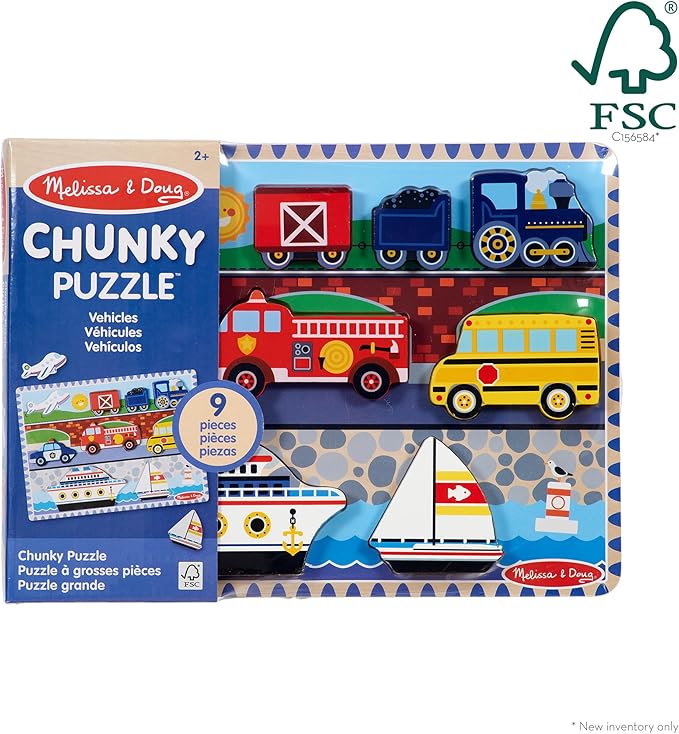Melissa & Doug Vehicles Wooden Chunky Puzzle - Plane, Train, Cars, and Boats (9 pcs) - FSC Certified