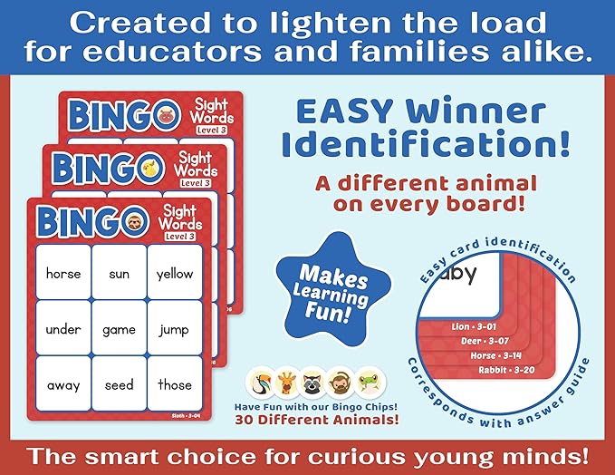 Sight Words Bingo Game for Kindergarten, Learn to Read Sight Word Cards, Word Games for Kids Ages 4-8, Bingo Sight Words Level 3&4