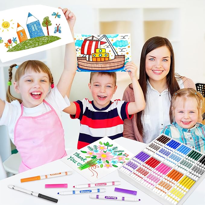 200 Count Washable Markers Bulk, 10 Assorted Colors, Fine Line Colored Marker with Conical Tip, Washable Markers for Kids, School Art Supplies, Classroom Essentials for Students Teachers