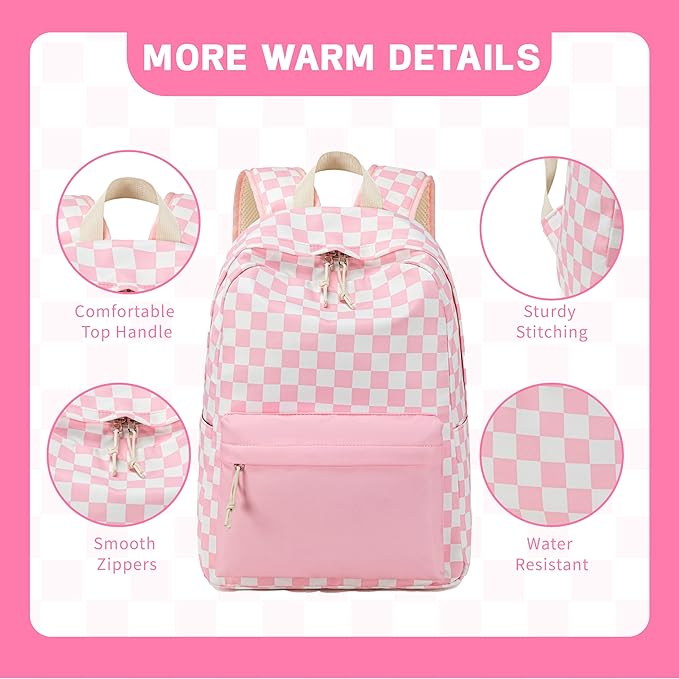 LEDAOU Kids School Backpack with Lunch Box for Girl Boy Toddler BookBag School Bag Preschool Kindergarten Backpack (Pink Checkered)