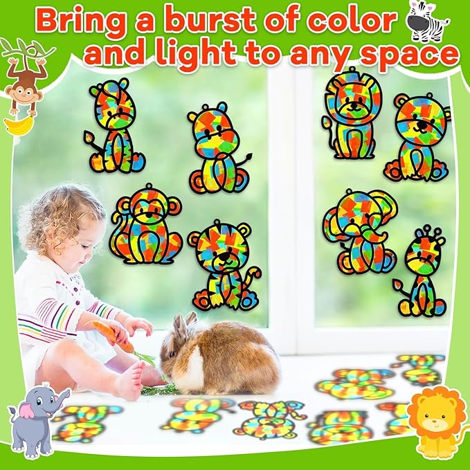 32 Sets Woodland Animal Suncatchers Craft Kit DIY Window Stained Glass Effect Forest Jungle Animals Paper Craft Home School Classroom Decoration Kid Birthday Gift Creative Art Project Activity Game