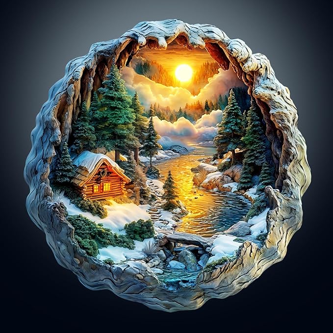Wooden Puzzles for Adults, Flat Puzzle with 3D Visual Effect, Winter Scene Wooden Jigsaw Puzzles for Adults, Forest River Sunset Wood Puzzles Adult, Wall Art Canvas Puzzle (L -13.3 * 13 in -275 pcs)