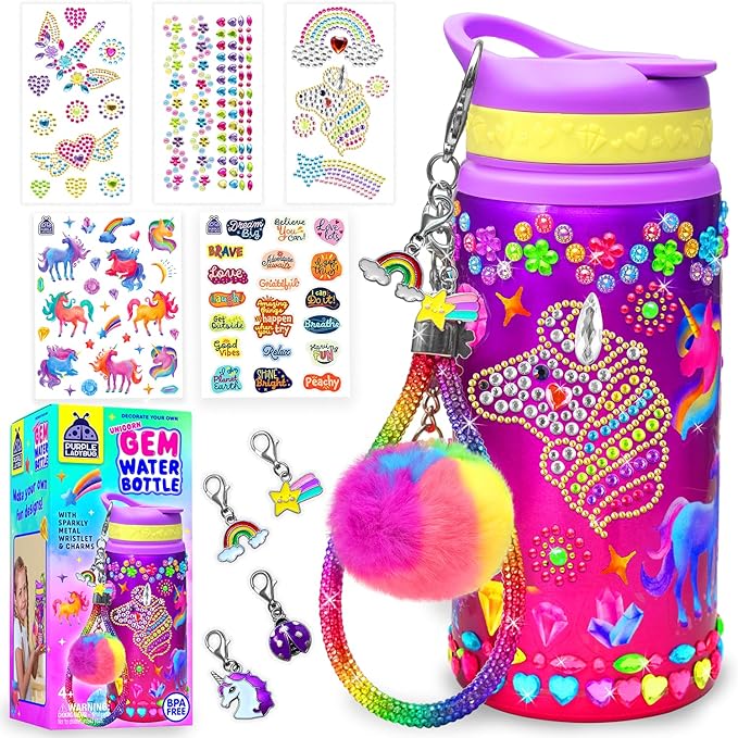 PURPLE LADYBUG Decorate Your Own Water Bottle Kit for Girls - Unicorn Design with Glitter Gem Stickers, Gifts for Girls Ages 5-8-10 Years Old Birthday, Fun Craft for Kids, Christmas Gifts Girl