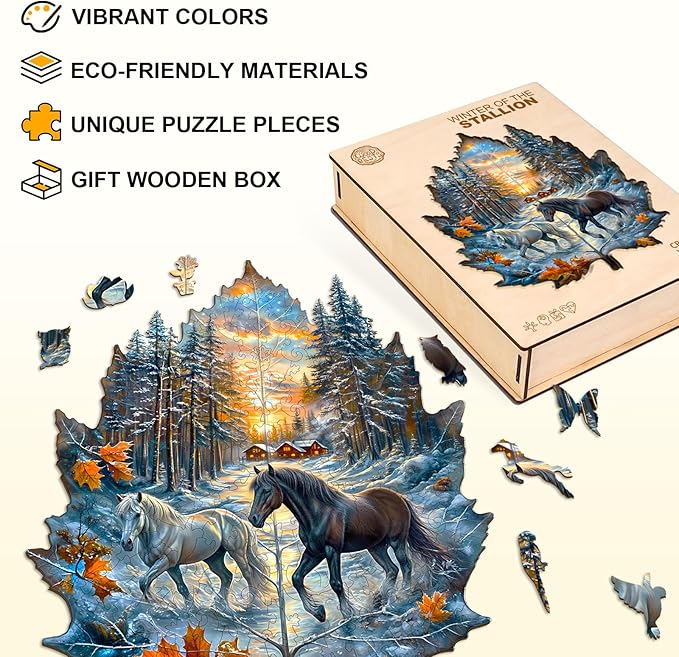 Wooden Puzzle for Adults-Wooden Puzzle Unique Shape Advanced Winter of The Stallion Wooden Jigsaw Puzzle for Adult, Wood Puzzles,Challenge Wooden Jigsaw Puzzle(M-11.4 * 10.1in 200pcs)
