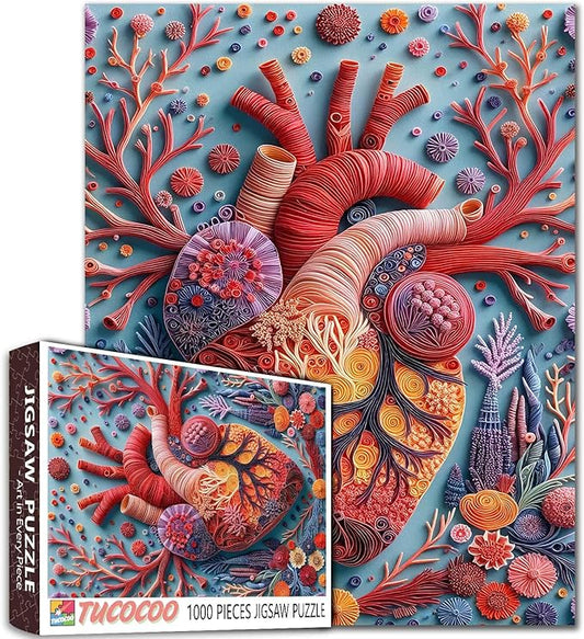 Heart Anatomy 1000 Piece Jigsaw Puzzles for Adult Anatomical Human Heart with Coral Reef Painting Jigsaw Puzzle Body Oragn 1000 Pieces Puzzles Game Wall Decor DIY Craft Puzzle Art Gift(Colorful)