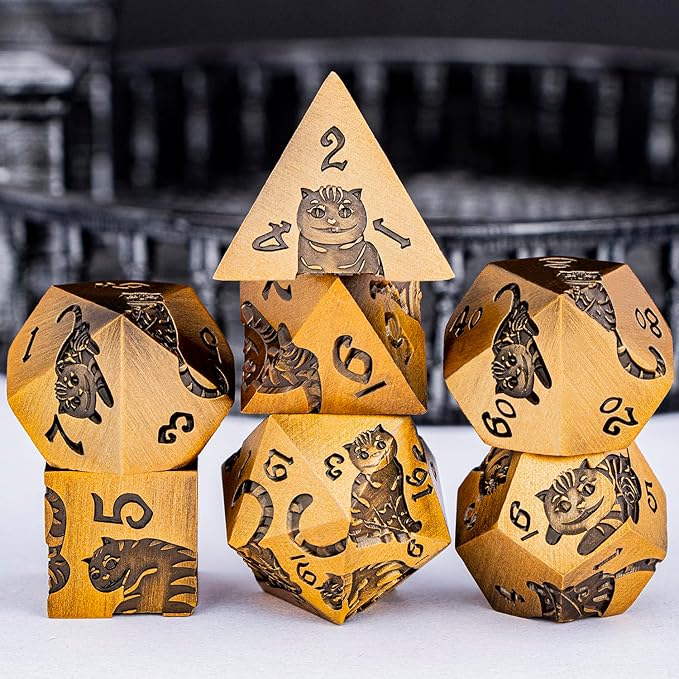 Metal DND Cat Dice Polyhedral RPG Dice Set with Gift Case for Dungeons Dragons Role Playing Game, 7PCS D and D Dice D6 D8 D10 D12 D20 D% (Antique Gold)