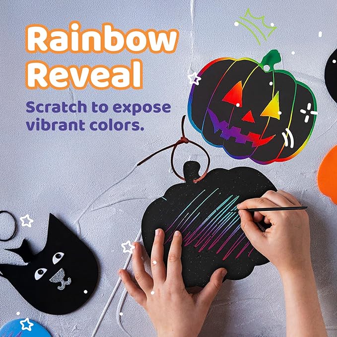 Neliblu Halloween Scratch Art Trick or Treat Paper Crafts Kit Bulk Pack of Halloween Pumpkins with Magic Rainbow Colors - 24 Pumpkin Ornaments, 24 Scratch Sticks, 24 Ribbons