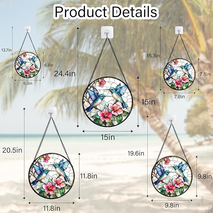 Stained Glass Window Hanging - Blue White Hummingbirds Pink Flowers Suncatcher for Door Terrace Garden Home Decor Bird Sun Catcher Birthday Gifts for Lovers Women Men Dad Mom Nana 6.3 in