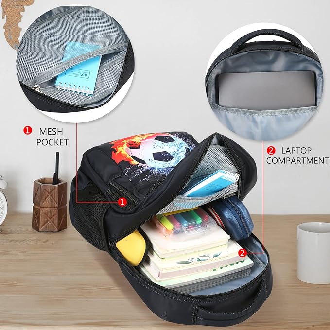 LEDAOU School Backpack Kids Teen Boys Girls Bookbag Daypack School Bag (Football Black A)