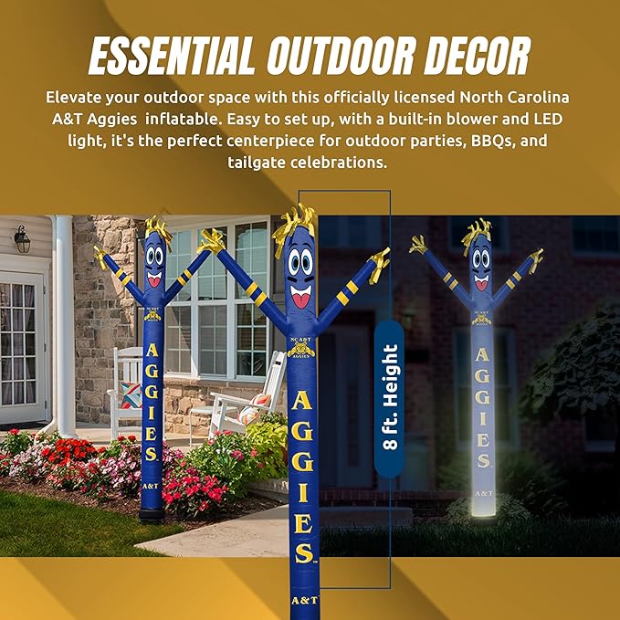 NCAA North Carolina A&T Aggies Football Wacky Waving Inflatable Tube Guy with LED Lights & Built-in Blower - 6" x 36" x 96" Inflatable Tube Man Crazy Sports Fan Outdoor Party Decoration