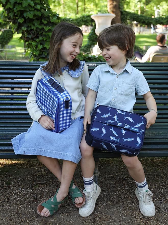 Yumbox Kids Lunch Bag, Holds Lunch Box and Water Bottle, 3 Ways to Carry, Zip Closure, Inside Zipper Netting, Wipe Clean Fabric with EVA lining for extra insulation (Vichy Blue)