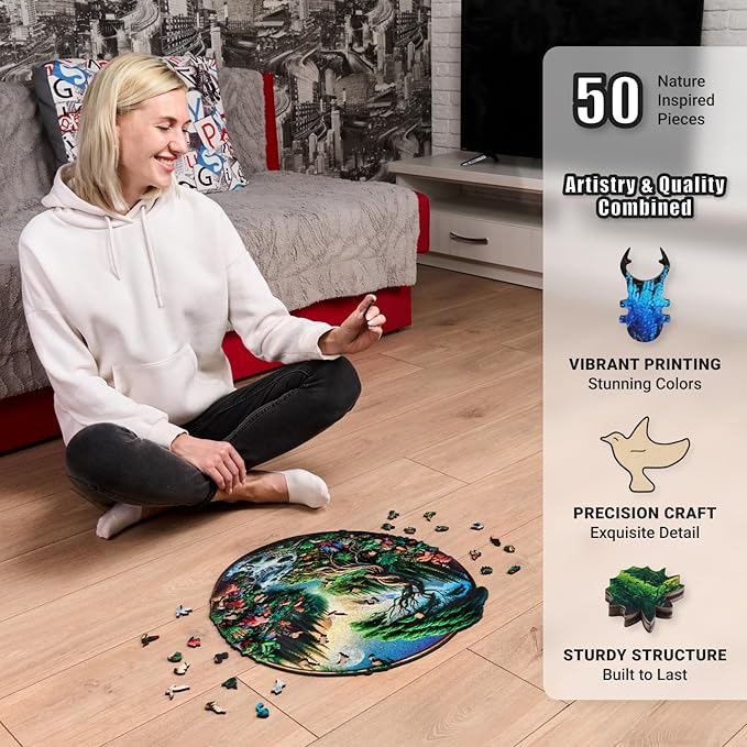 LEOGOR 500 Piece Wooden Puzzles for Adults (18 x 17.5 in), Extra-Thick 5mm Wood, Round Majestic Landscape Puzzle with Unique Nature-Inspired Shapes, Challenging, Premium Gift for Puzzle Lovers
