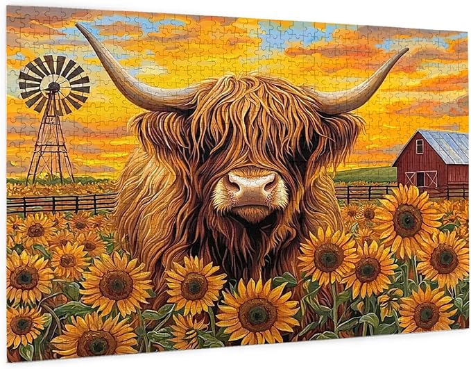 Beautiful Sunflower Highland Cow Jigsaw Puzzle 1000 Piece for Adult, Sunflower Jigsaw Puzzles Flowers Puzzle Nature Animal Flower Painting Jigsaw Puzzles Birthday Gifts for Adults and Family Game