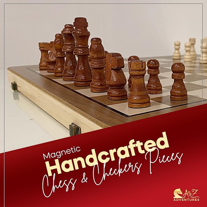 Magnetic Chess Set with Checkers - 15" (2 in 1) Folding Wooden Chess Sets for Adults & Kids with 2 Extra Queens | Travel Chess Board Game Set with Chess Pieces Storage Slots, Luxury Gift with Storage
