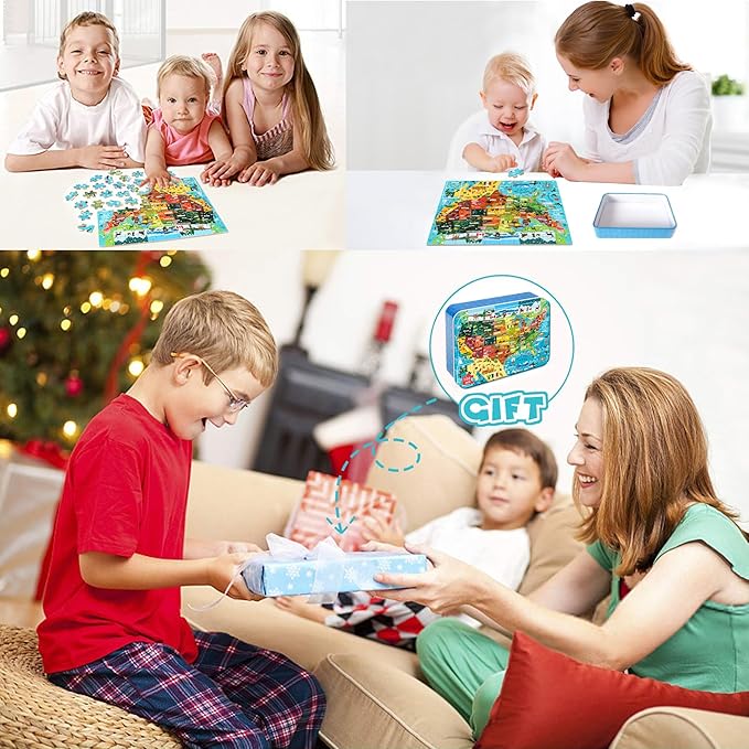 LELEMON United States Puzzles for Kids Ages 4-8,100 Pieces USA Animal Map Jigsaw Puzzles in a Metal Box,Fun America Map Learning Educational Toys for Boys Girls